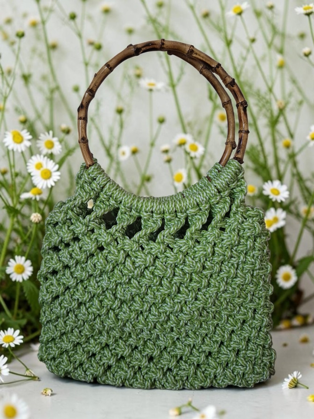 Handcrafted Green White Macramé Tote with Bamboo Handles